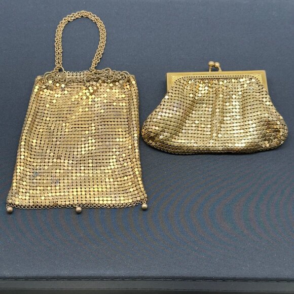 Vtg Whiting & Davis Gold Mesh Metal Change Key Purse Set Signed Made in USA NOTE - Picture 1 of 12